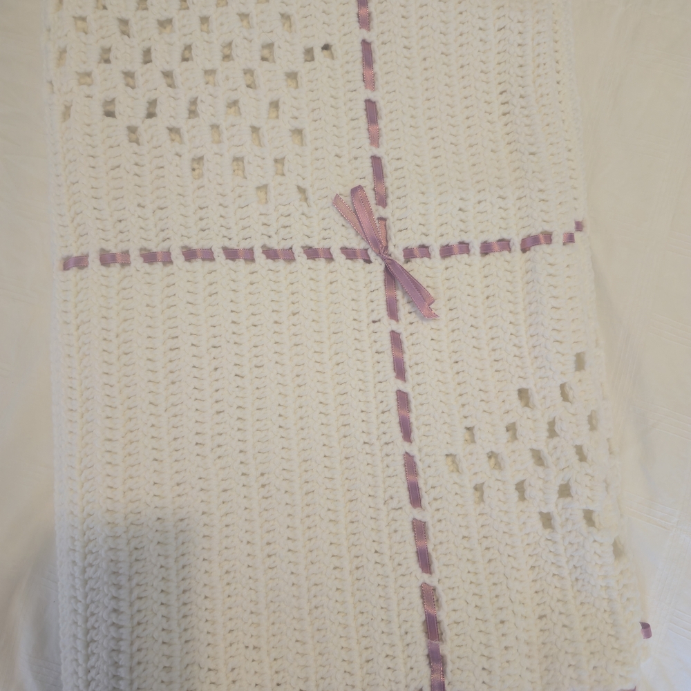 Cream Crochet Throw Blanket with Pink Ribbon Detail